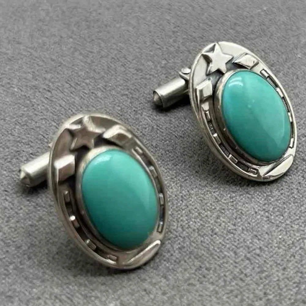 *Sheriff Star* *Western* Oval Turquoise Cabochon Sterling Cufflinks